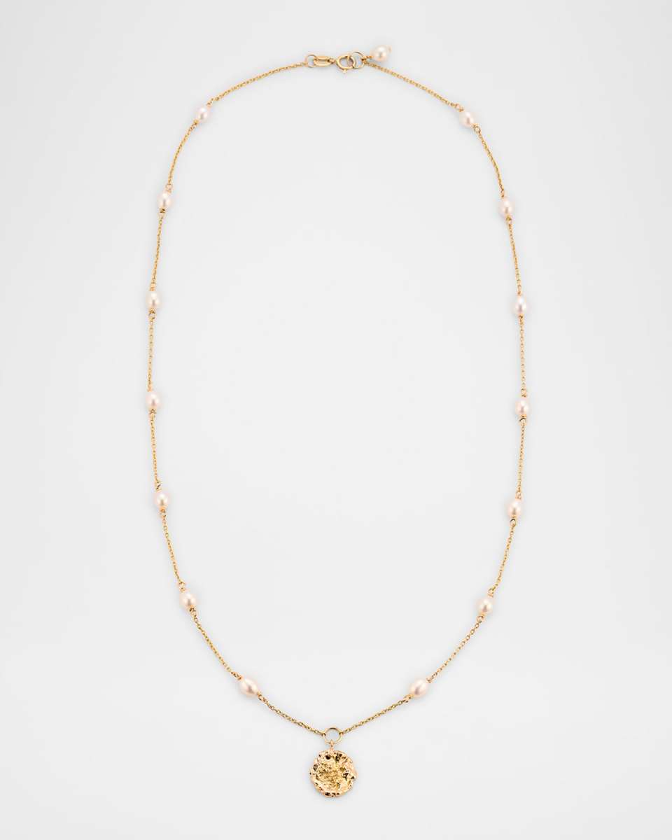 14K Yellow Gold Nugget Pearl Station Necklace